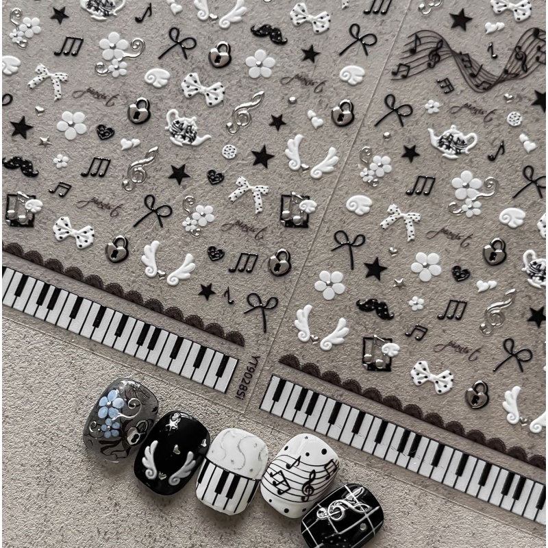 Audio Music Notes - Черно-белые наклейки для ногтей с нотами,